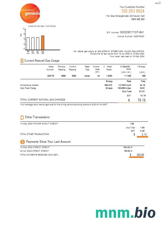 Nowa Zelandia Genesis gas utility bill 3 strony